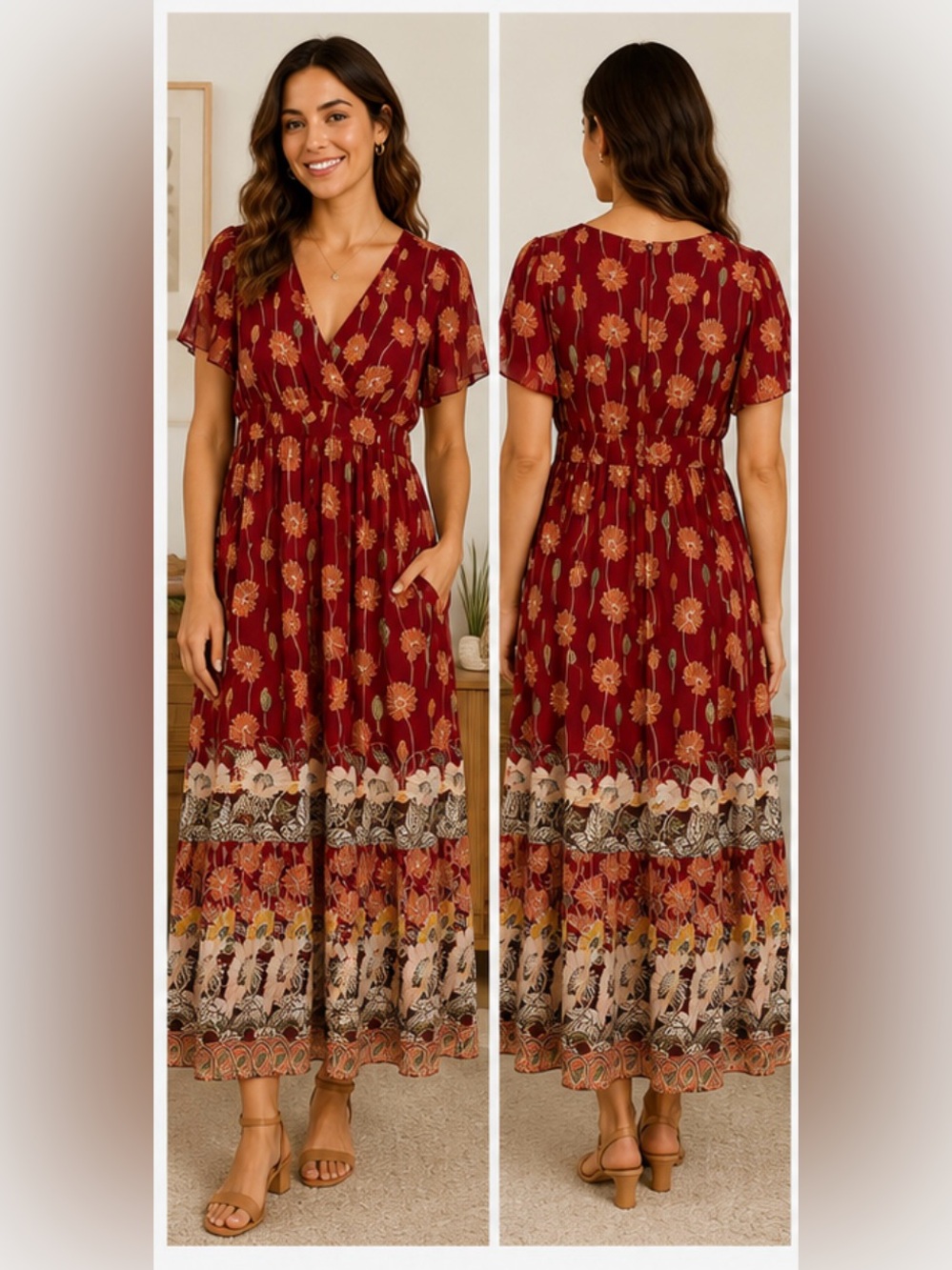 Madewell Burgundy Floral Wrap Midi Dress | Border Print | Flutter Sleeve